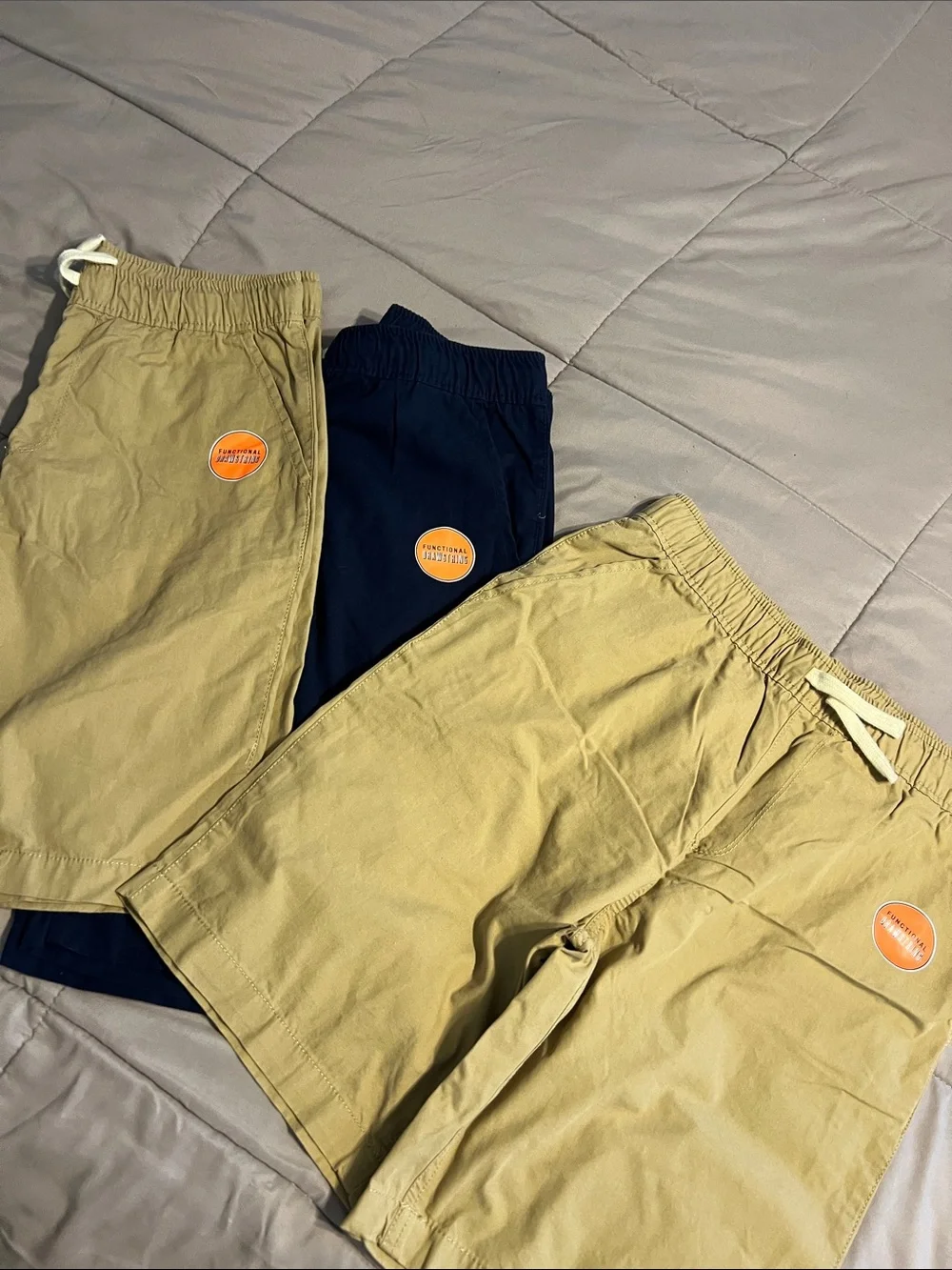 3 Kids Elastic-Waist Shorts in Khaki and Navy with Orange Patch